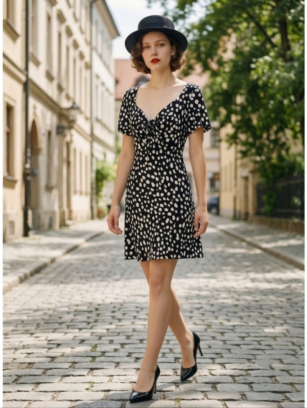 LOFT Black and White Dot Midi Dress